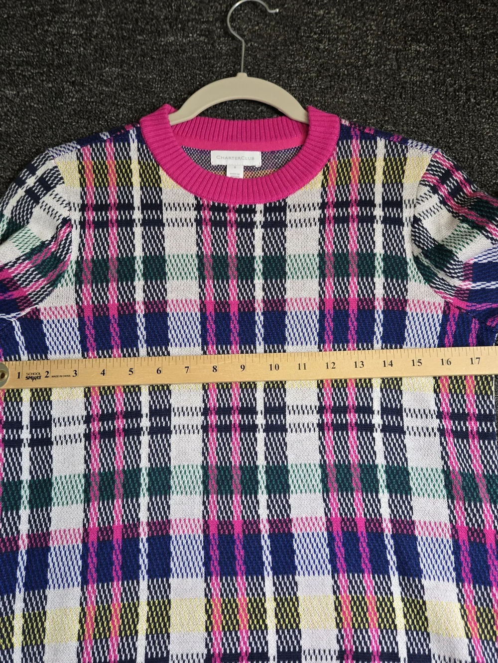 Charter Club Sweater Womens S Pink Black Plaid Whimsy Crew Neck Preppy New